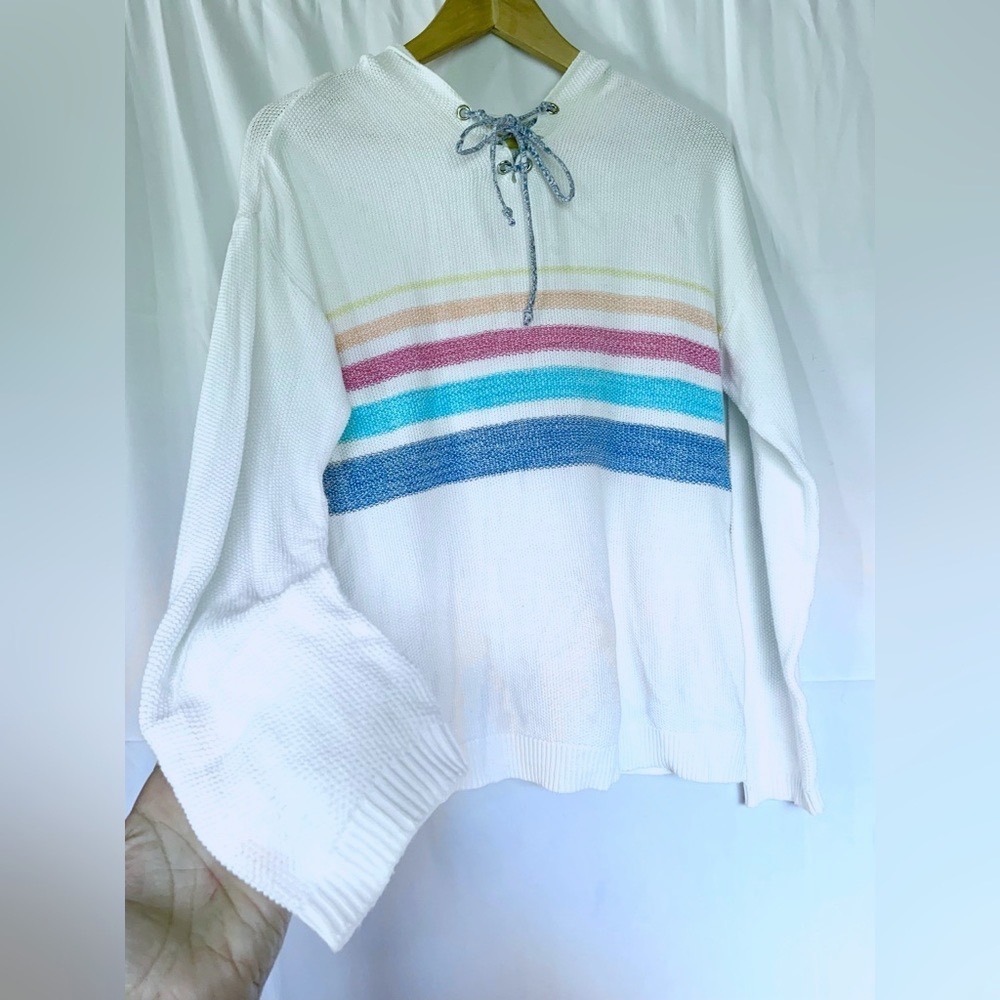 Striped Knit Hoodie Women Small White Multi Coastal Beach Cotton Country Rainbow
